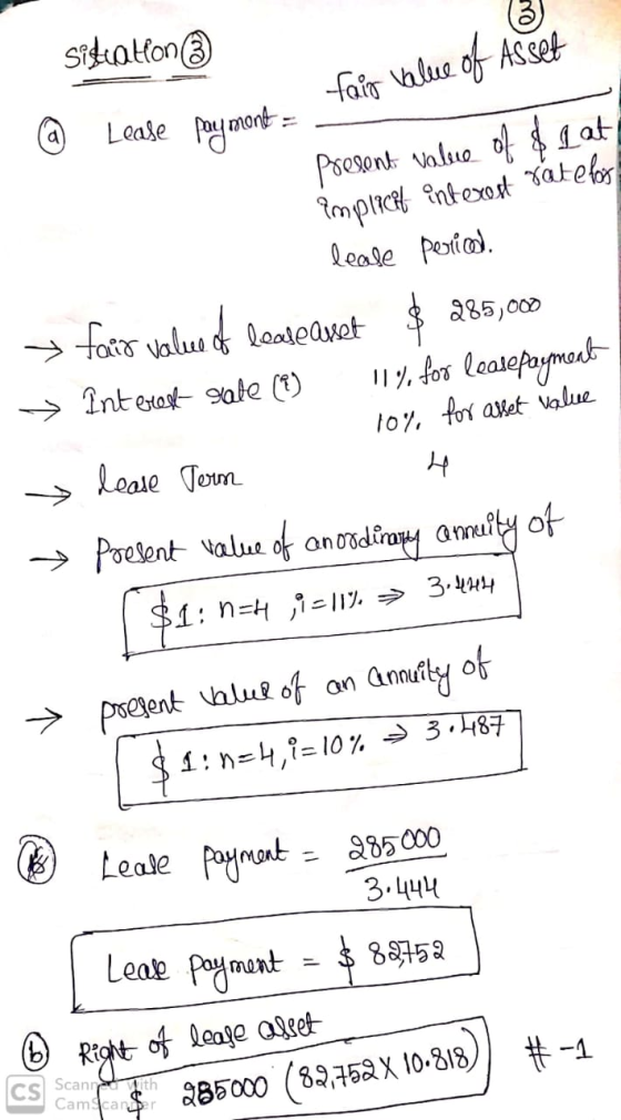 sislation @ Lease paymont = fair value of Asset aument Present value of & lat implicat interest rate for leale pericol. > fai