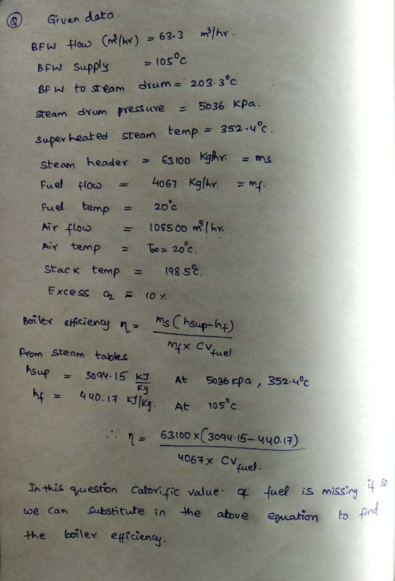 Given data. = 63-3 w/hr. BFW flow (m/hr) BFW supply = 105°c BRW to steam drum = 203.3°C drun pressure 5036 kpa. super heated