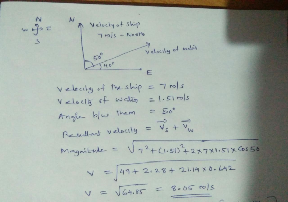 N zein a velocty of ship 7m/s - Nooth Velocity of water 40° Velocity of the ship = 7 rols Velocity of water = 1.510ls Angle b