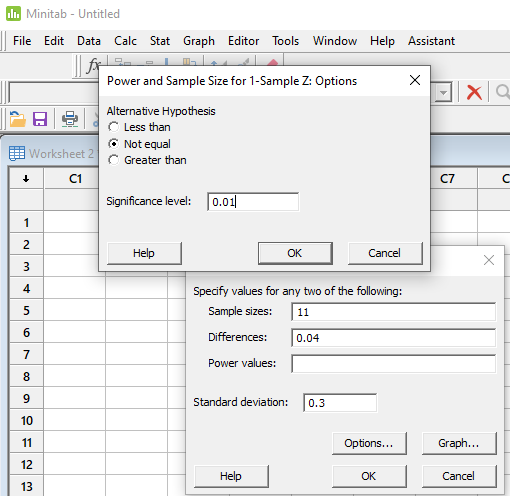 ill. Minitab - Untitled 13 File Edit Data Calc Stat Graph Editor Tools Window Help Assistant - Lule Power and Sample Size for