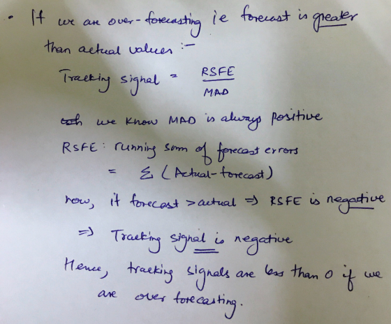 wr are over MAD If we are over-forecasting ie forecast is greater than actual values :- Treeting signal - RSFE sh we know MAD