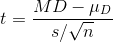 t=\frac{MD-\mu_{D}}{s/\sqrt{n}}