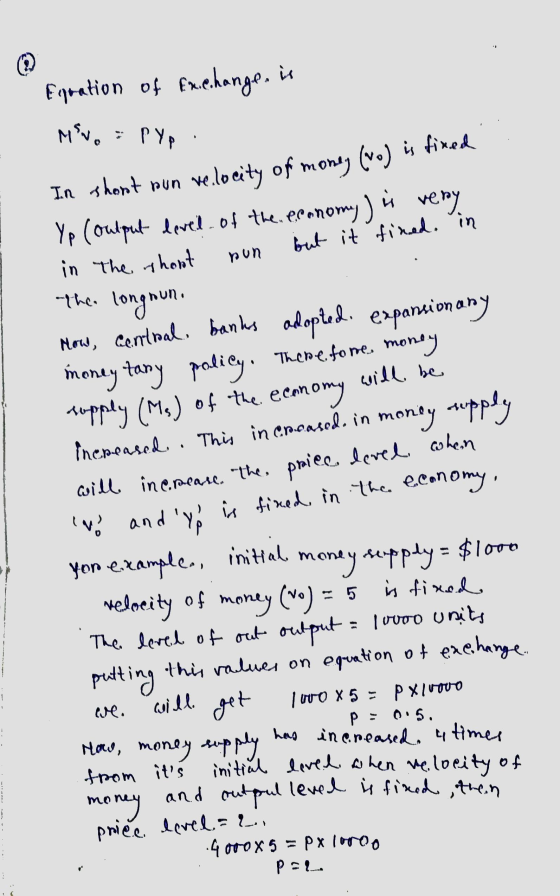Equation of fine.hange, is MENO PYP In short bun velocity of money (wo) is fixed Yp (output level of the economy) is very in