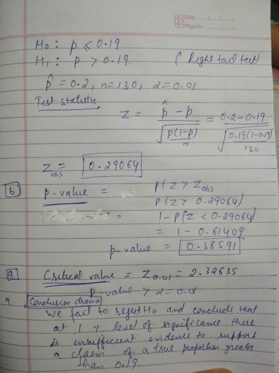 Date Page No Ho : pix 0.19 Hi: pyo. 19. ( Right taut test b = 0-2, n = 130, 2=0.01 Test statutic p-p 0.2-0.19 JPL-P) 0.19(1-0