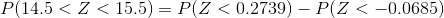 P(14.5<Z<15.5)=P(Z<0.2739)-P(Z<-0.0685)