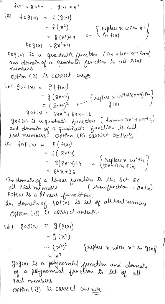 fin) = entu 2 { replace x with a numbers. (6) gof() (replace ae with(8u+y) = quadratic - of tof(a) is set of all real number