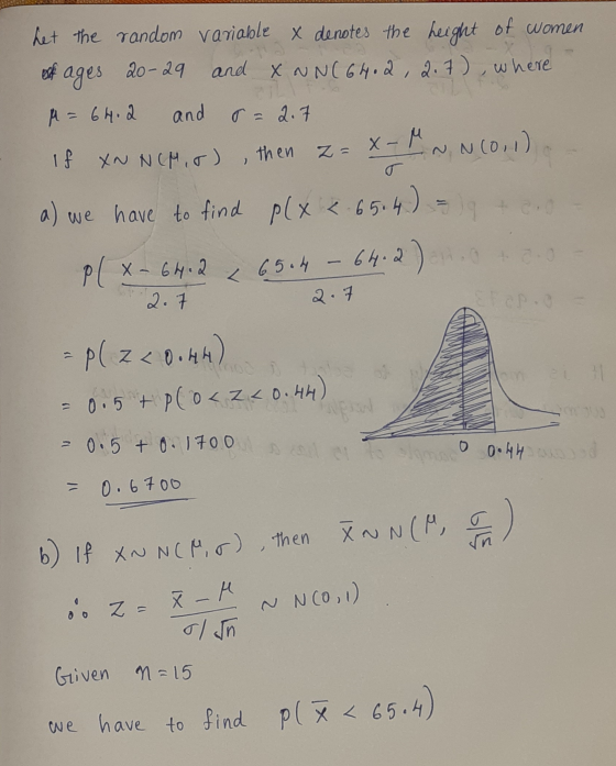 het the random variable x denotes the height of women of ages 20-29 and X NN(64.2, 2.7), where M = 64.2 and r= 2. If YN NCM,