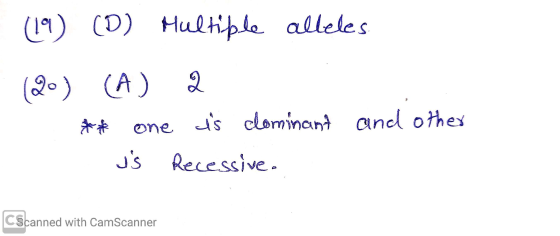 19) (D) Multiple alleles . (2o) (A) 2 ** one is clominant and other us Recessive. CScanned with CamScanner