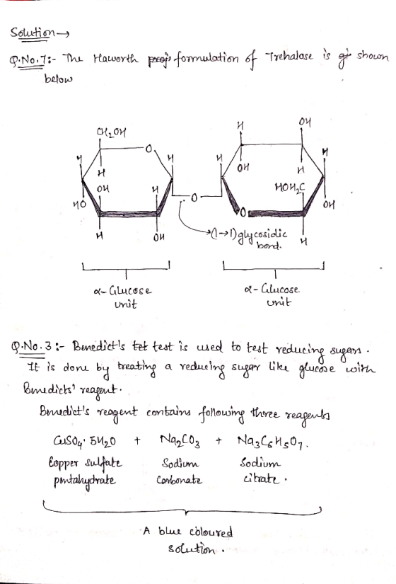 Solutions 9.No.7:- The Haworth preojo formulation of Trehalose is gie shown below CH₂OH 1/ OH HOH₂C OM TETER W ou l-Iglycosid