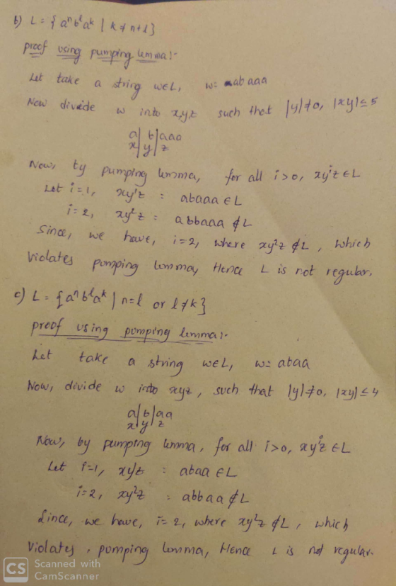 w into xyz such that lylto, lxy15 b) L = { an beak 1 k&ntd} proof using pumping kemma! Let take a string WEL, wo mabaaa Now d