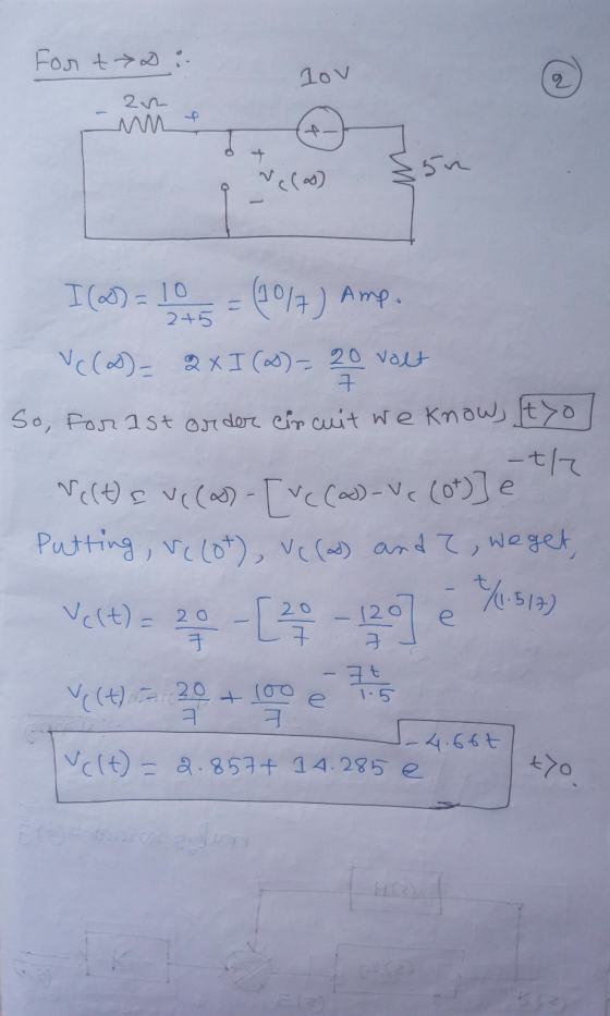 For t₃D: lov zu + + 5n Velos 2+5 I (0) = 10 = (19/7) Ame. VC(O) = 2 XI (Q) - 20 volt 7 So, for 1st order circuit we know, tyo
