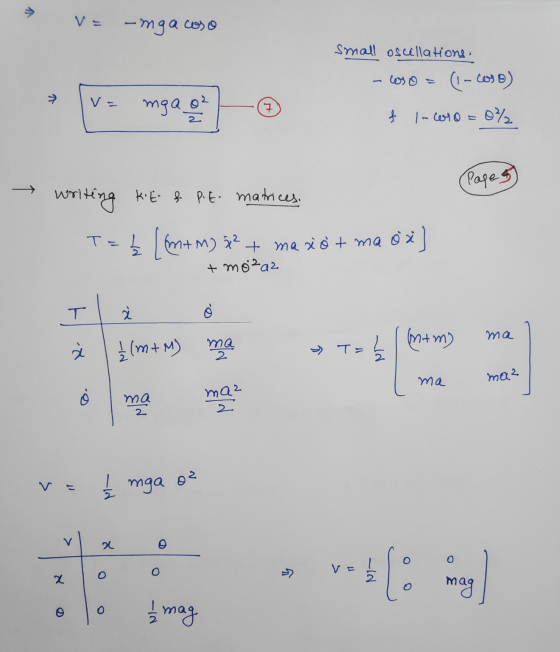 v V= -mga coso small oscillations. (1-coso) v= mga o 7 f 1-coro= 0% Page 5 writing Kit & P.E matrices, T į (m+ M) a² + masötm