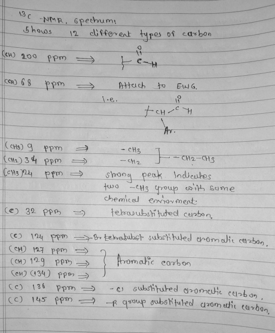 13C NMR Shows spechum, 12 different types of carbon (CH) 200 ppm & con CH) 68 ppm Attach to ENG ACHCH Ar. (CH3) 9 ppm (012) 3