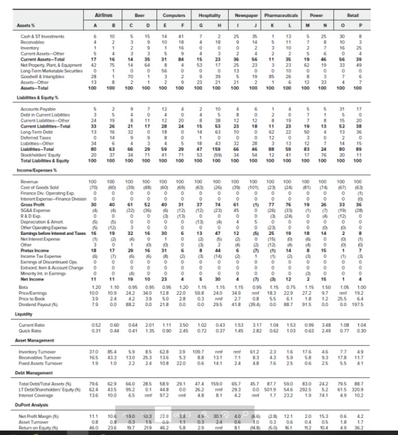 Retail Airlines A B Beer C D Computers E F Hospitality G H Newspaper I J Pharmaceuticals K L Power M N Assets % O P 72 25 35