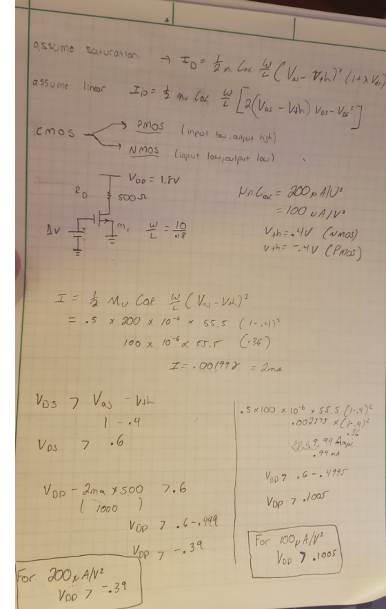 assome saturation → Io = 2m. Cox W ( Ves- Ith?? (1+ 7 Ves) Ip & the lice w [2 (vas - Kth) was- Val assume linear PMOS cmos <