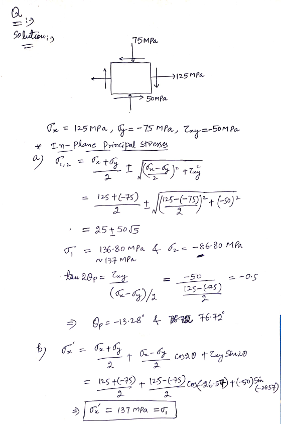 solution ;) 75MPa = >125 MPa 5ompa Be = 125 MPa Ty=-75 MPa, Exy=-50MPa In-Plane Principal stresses * as 5,2 = Px toy I for- o