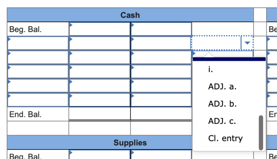 Cash Beg. Bal. BE ADJ. a. ADJ. b. End. Bal. Er ADJ. C. Supplies Cl. entry Bea, Bali BE