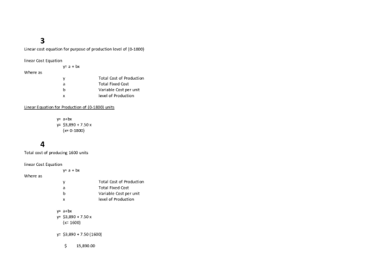 Linear cost equation for purpose of production level of (0-1800) linear Cost Equation ya + bx Where as Total cost of Producti