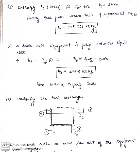 (b) P₂ = 2MPa hz (kulkq) @ Topa 90°c Enthalpy ) R-134a steam table of supesheated Directly Read from 1h2 = 458.951 kJ/kg krin
