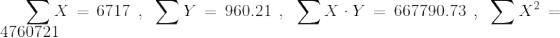 \sum{X} = 6717 ~,~ \sum{Y} = 960.21 ~,~ \sum{X \cdot Y} = 667790.73 ~,~ \sum{X^2} = 4760721