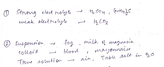② Strong electrolyte - 12.500 (Ntly). weak electrolyte . t the CO₂ I uue ② Suspension colloid - True solution fog, milk of ma