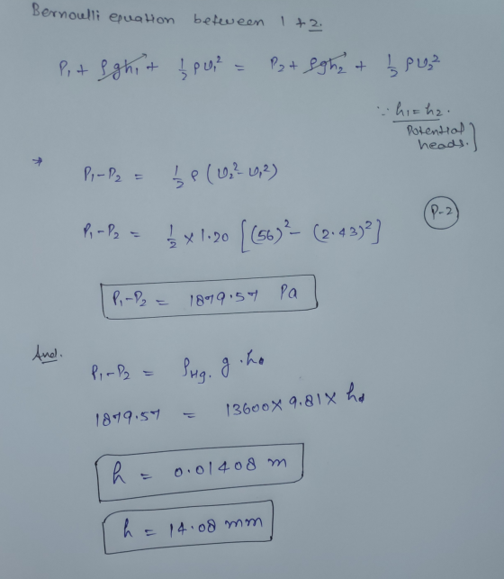 Bernoulli equation between 1+2. Pit Ighit & pene - Pst Eghet ļ pusa - his hz. Potential heads. Pi-P2 } ? ( 0,26,2) P-2 P - P2