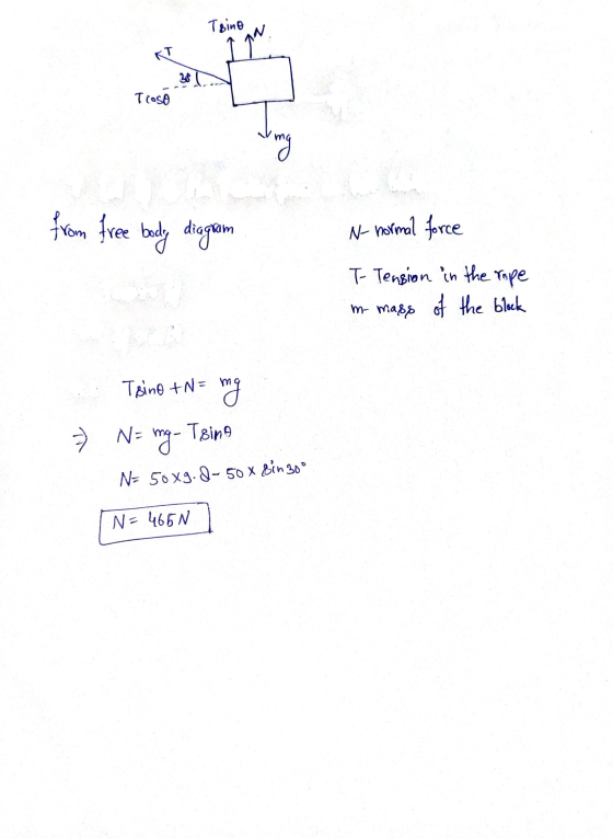 Tsino an 28 Troso ving from free body diagram N-normal force T- Tension in the rope m- mass of the block Tsino +N = mg Na img