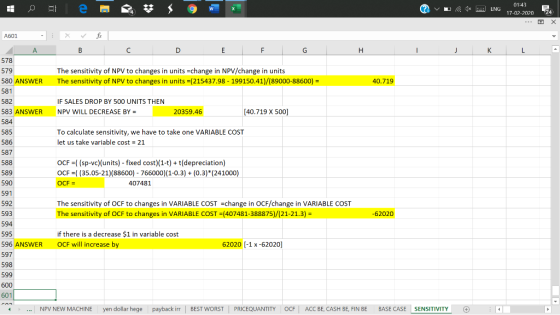 W ? v L 1 ENG 01:43 17-02-2020 24 A601 A B C D E F G H I J K L - 578 The sensitivity of NPV to changes in units change in NPV