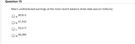 Question 15 Nikes undistributed earnings at the most recent balance sheet date was (in millions): O a. $9,812 Ob.$1,933 O c.