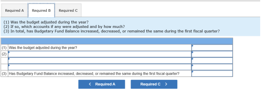 Required A Required B Required C (1) Was the budget adjusted during the year? (2) If so, which accounts if any were adjusted