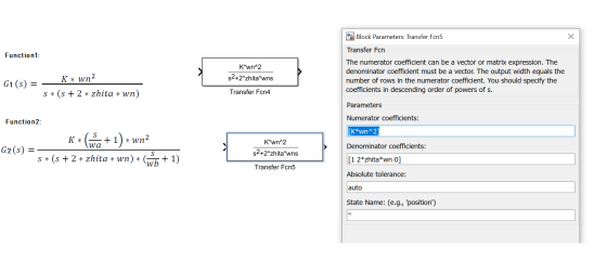 Block Parameters: Transfer Fcn5 Х Transfer Fon Function1: K*wn^2 S2+2*zhita*wns The numerator coefficient can be a vector or
