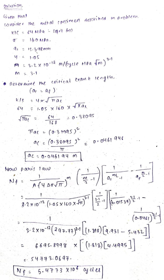 Solution Given that consider the meral specimen described in problem, KIC sumpa - sart (m) 160MPa. 9, - 15.398 mm 1.05 = 3.2