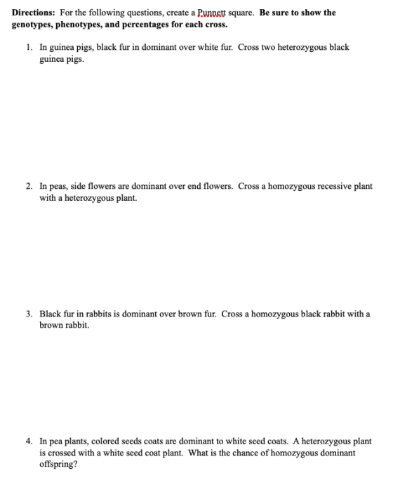 Directions: For the following questions, create a Punnett square. Be sure to show the genotypes, phenotypes, and percentages