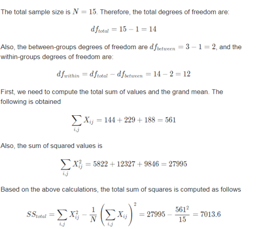 The total sample size is N 15. Therefore, the total degrees of freedom are dftotal -15-1 14 Also, the between-groups degrees