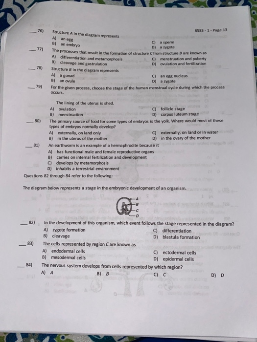 6583 - 1 - Page 13 Structure A in the diagram represents A) an egg c) a sperm B) an embryo D) a zygote The processes that res
