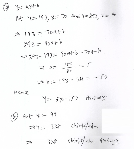 @ Y= axtb 1. Put y = 193, X= 70 and y=893x = 90 » 193= 70a4b 293=90a4b 2993-193= 90 at b-709-b = a Loo 35 b= 193-350 = -157 H