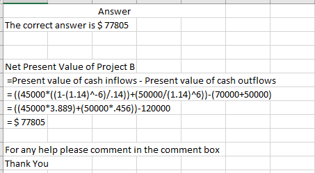 Answer The correct answer is $ 77805 Net Present Value of Project B =Present value of cash inflows - Present value of cash ou