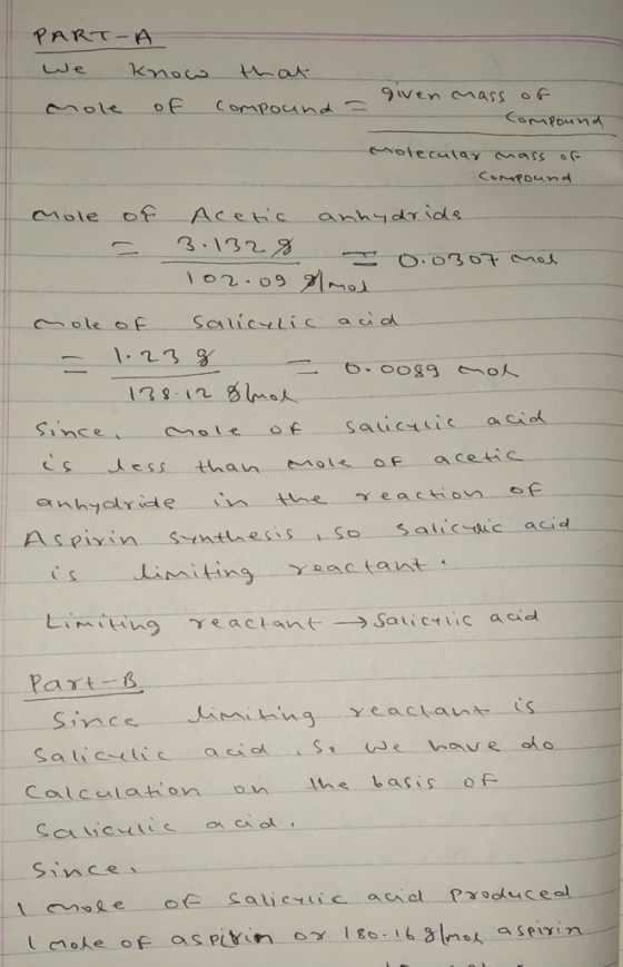 PART-A we Knacs kar 9wen mass of of CoMPound 3Ole COMPOUND enolecutay mass o COmPDund of Aceic anhydrids Mole 3-1329 102.09 9