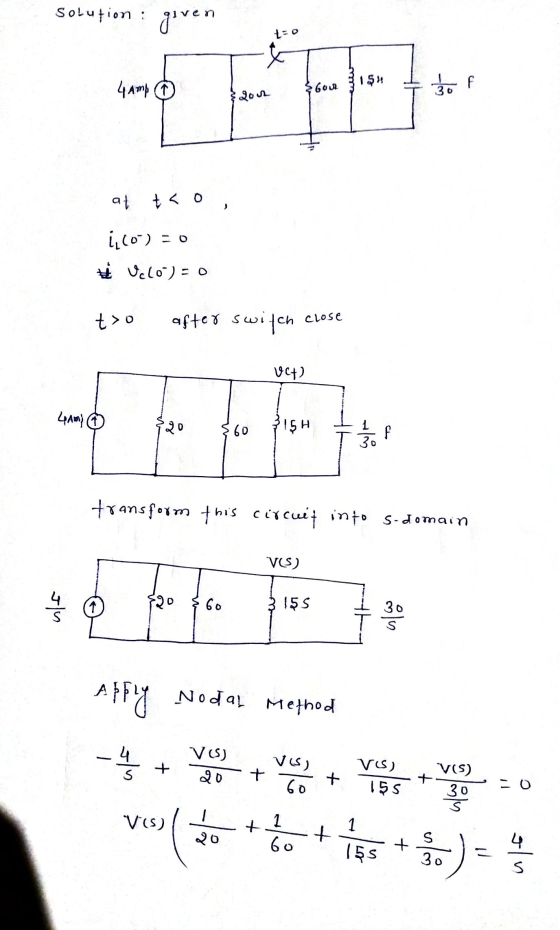 Solution: given tro 1$ : 4 Amp & Gour f šo at tao 1.10-) = 0 Uclo)0 t> after switch Close UCH) 4Amy 20 360 15H f 30 transform