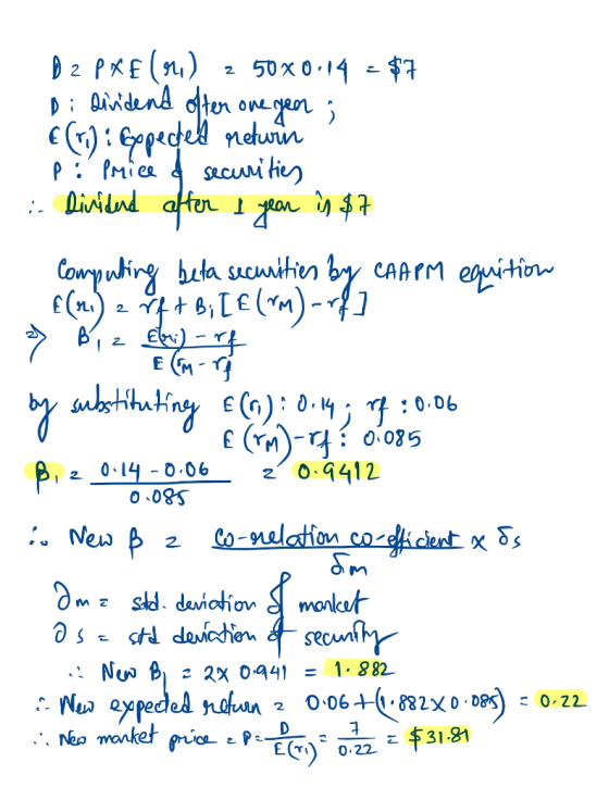 D 2 PXE (91) 2 50x0.14 = $7 Di dividend ofter one yen; EriGopected neturin Pe price a securities : Divided after 1 year in $7