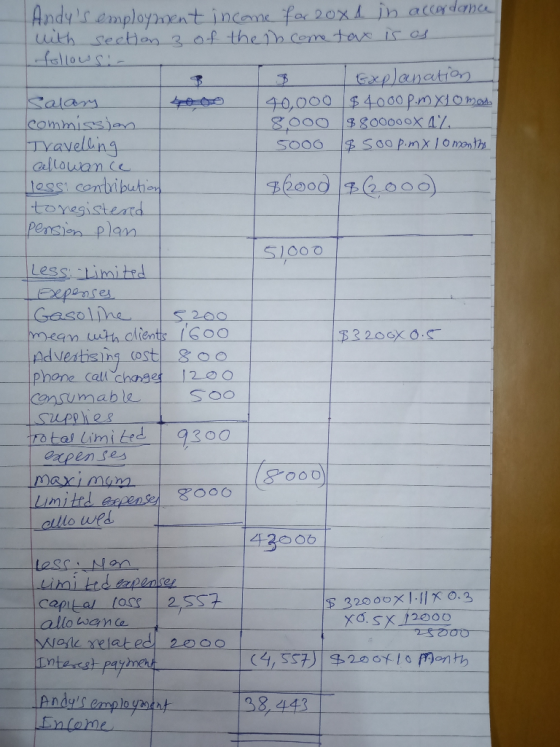 Andys employment income for 20x4 in accordance with section 3 of the income tax is as follows:- 8 Explanation Salary 40,000