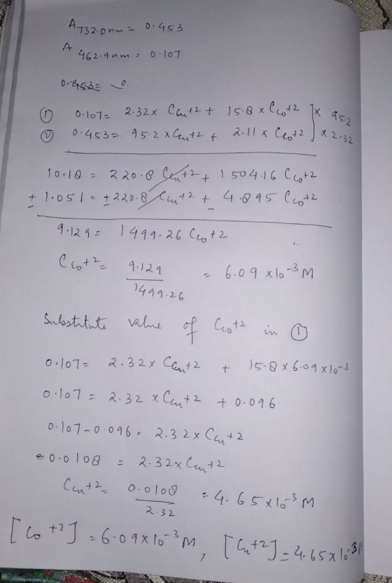 A 132.0 nm = 0.453 A 462.9nm : 0.107 0.4 e 0.107= 2.32x Cant2 + 15.8 x Cota 1x 0.453= 95.2 x Cuth & 2.11 x Ccota / x 2.32 +2
