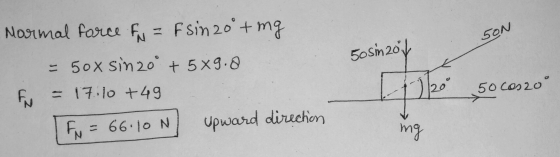 Normal force Fu Fsin 20°+mg 50N 50 SM 2014 = 50x sinzo° +5x9.a 50 cos20 = 17.10 +49 Fur 4220 Fu = 66.10 N Upward direchion N