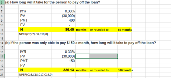 5 (a) How long will it take for the person to pay off the loan? 6 7 8 9 10 I/YR 0.33% PV (30,000) PMT 400 FV 11 N 86.45 month