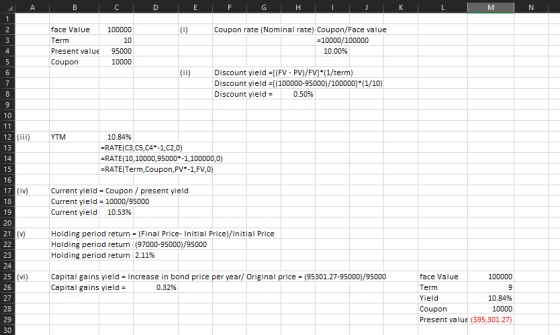 A B C D E F G H I J K L M N 100000 (i) face Value Term Present value Coupon Coupon rate (Nominal rate) Coupon/Face value =100