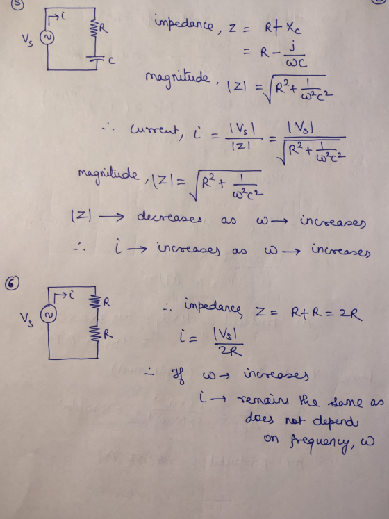 S Ini ER Vs impedance, z= Rt Xc = R-- WE magnitude, 1Z1 = R² + 1 Lok (2 . Current, IVI 121 IV R²+ 2 w²c2 magnitude, Izl= R²+