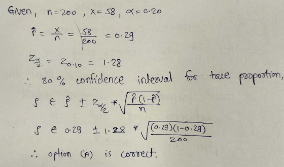 Given, n=200, x=58, X=0.20 P= Ã - e = 0.29 Za = 20.10 = 1.28 :: 80% confidence interval for troue proportion, DE $ 1 25 *VAC