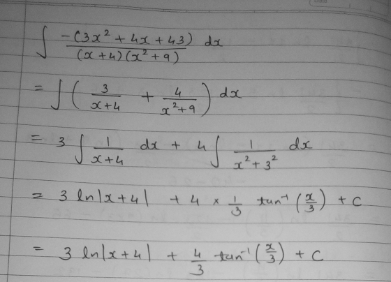 le f -(3x² + 4x +43) de (x+4) (xx² +9) Hath + 4 do x ²49 3 tot det uf dx x + 4 x²+ 3² a 3 Inlatul + 4 x 1 tunt (a) + c = 3 en