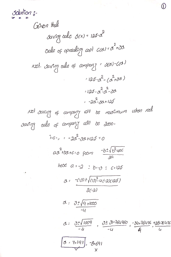 0 soketion :- Given that Saving role 51x) = 12,5-ce Jale of petaling cool clo) =a*s30 net. Saving sale of company - Sl&)-CLO