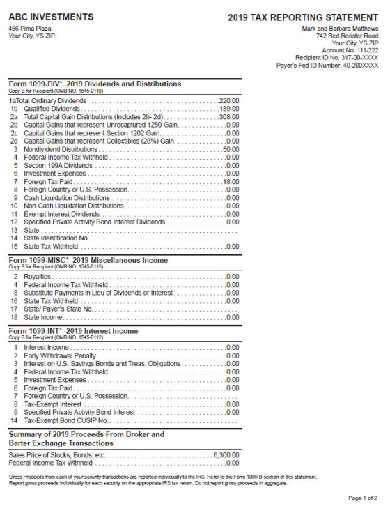 ABC INVESTMENTS 2019 TAX REPORTING STATEMENT Mark and Barbara Matthews 456 Pima Plaza Your City, YS ZIP 742 Red Rooster Road
